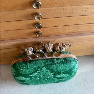 Alexander McQueen “like” Green Snakeskin Skull Knuckle Clutch Evening Bag